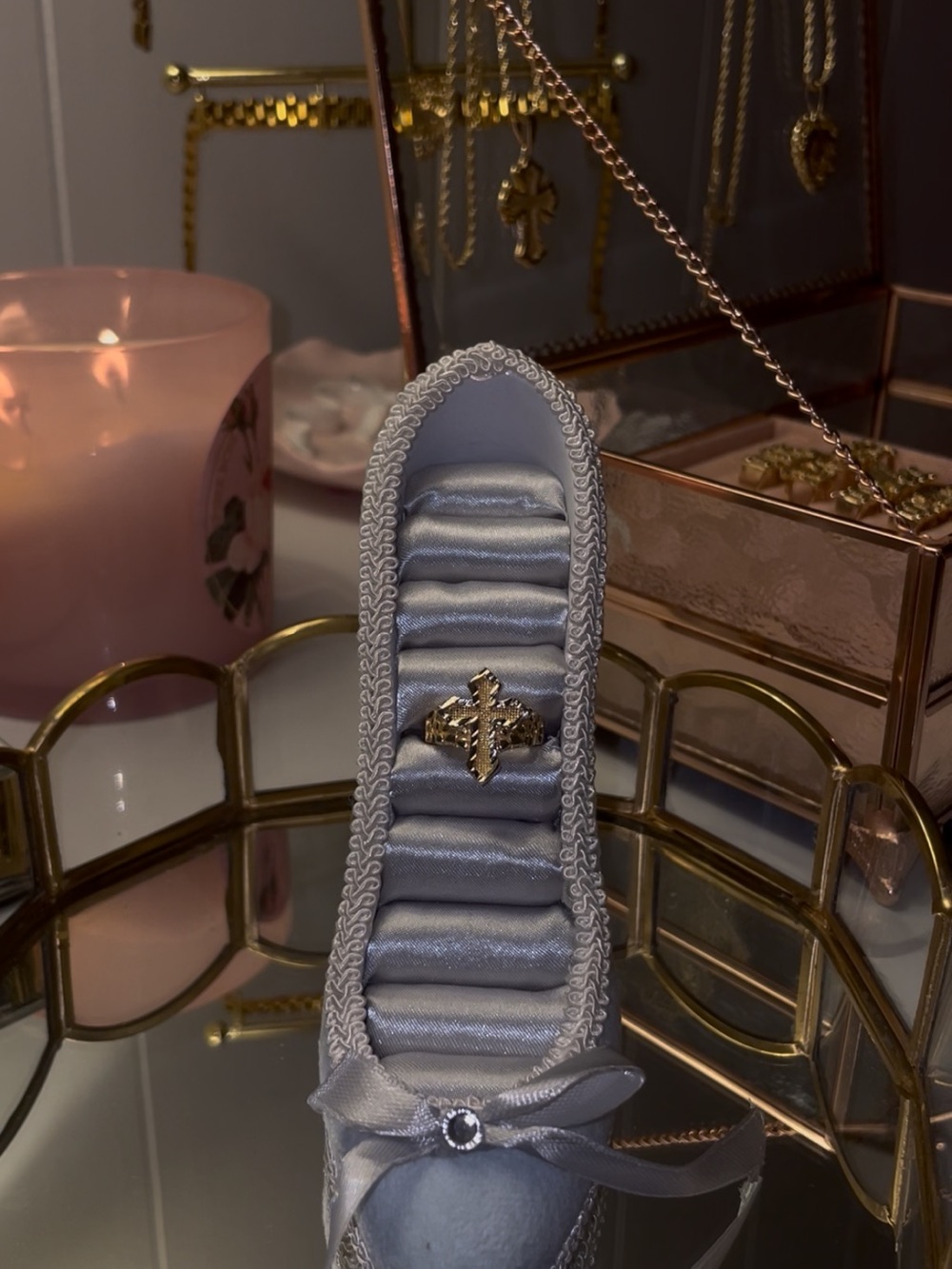 Gold Cross Ring in Satin Ring Box